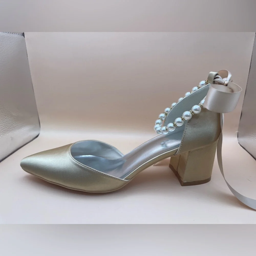 Champagne Satin Block Heels w/ Pearl Ankle Strap • EU 37 (US 6.5–7)